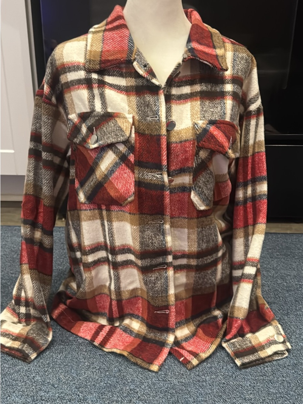 Plaid Button-Up Shacket in Red, Cream & Brown